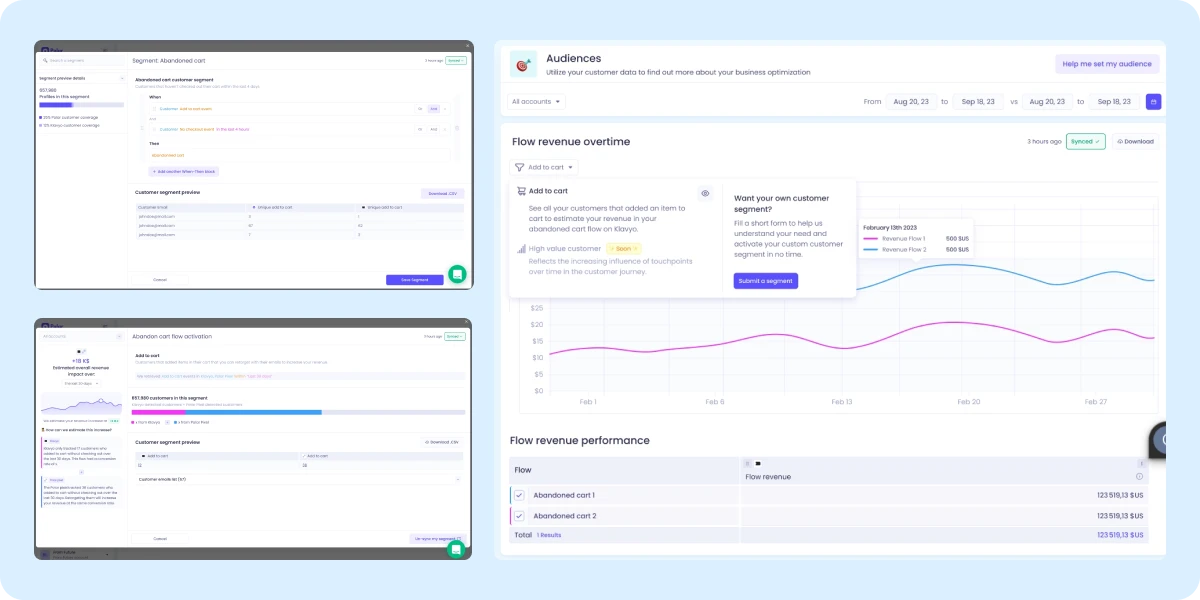 Four rejected first drafts: complex formula display, line chart version, modal popup variant, Klaviyo-only MVP scope