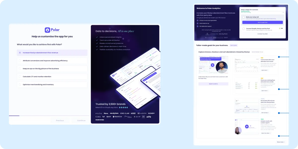 Sign-up goal selection screen with 'Increase Klaviyo abandonment flow revenue' as a primary option