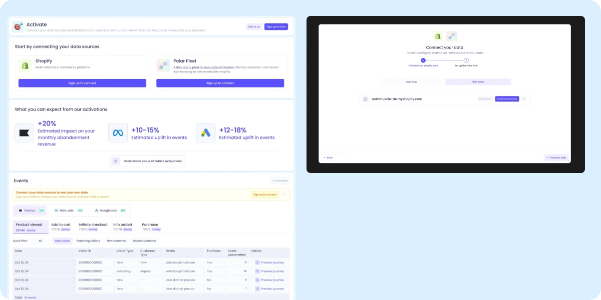 Onboarding screens for the initial Klaviyo-only MVP, showing different user states and connection paths