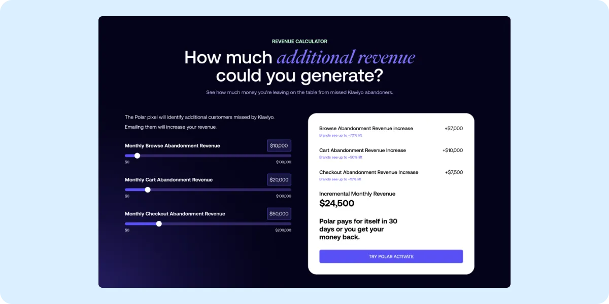 Revenue calculator tool: brands input monthly abandonment figures, see projected uplift estimate
